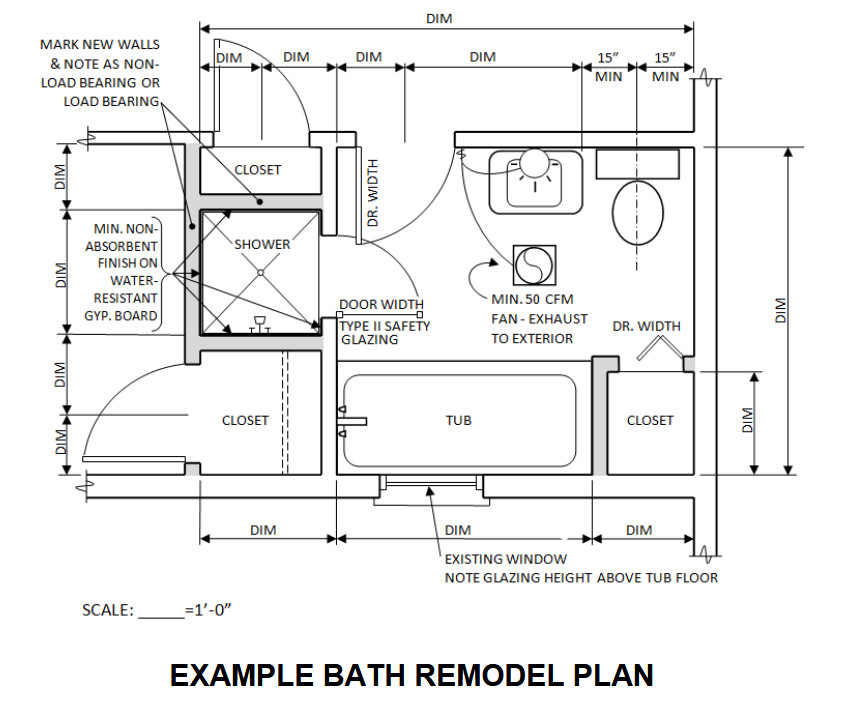 An example bathroom remodel plan produced by CAD software in black and white, showcasing bathroom dimensions.